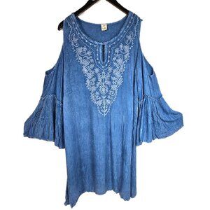 Riviera Sun 100% Rayon Blue Floral Embroidered Cold Shoulder Tunic Dress